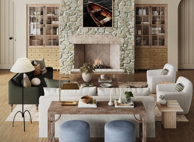 3D Interior Rendering of the Living Room Designed by Shea McGee